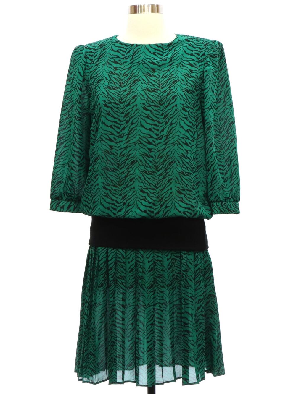 Vintage 1980s VLP Green Black Animal Print Peplum Midi Dress Size 8